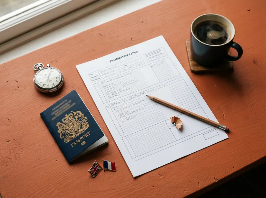 Copie d’examen, chronomètre et passeport sur un bureau