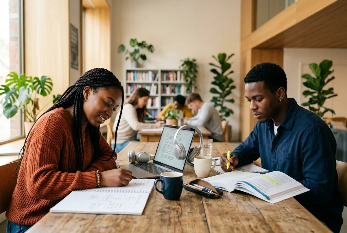 Deux étudiants préparant un examen d’anglais à une table de travail